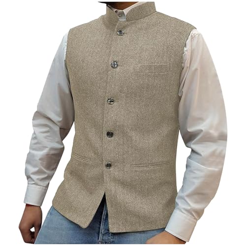 Retro Suit Vest for Men Sleeveless Stand Collar Business Button Up Slim Fit Herringbone Jacket Waistcoat