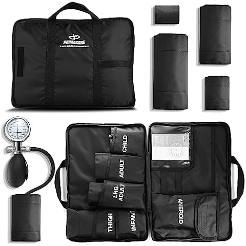 Primacare DS-9185 Aneroid Sphygmomanometer and Blood Pressure Cuff Set with Portable Case, 5 Sized Nylon Cuffs with Deflation Valve, BP Cuff Manual Kit for Infant, Child, Adult, Large Adult, Thigh Cover