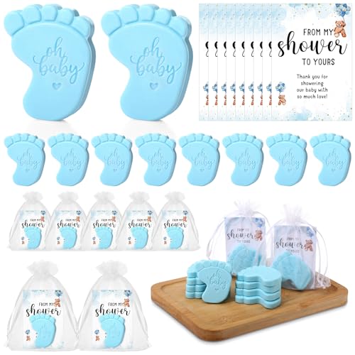 Image of 50 Sets Baby Shower Soap Favors for Guests - Mini Handmade Footprint Scented Soap with Thank You Cards and Organza Bag, Party Gifts for Gender Reveal Baptism(Bear,Blue)