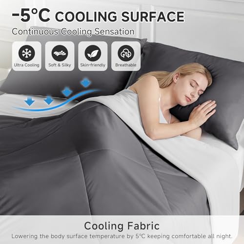 Image of HOMFINE Cooling Comforter Japanese Double-Sided Cold Tech Fabric Cooling Blanket for Night Sweats Hot Sleepers, Q-Max 0.45 Soft Breathable Silky Smooth Lightweight Grey Summer Comforter Queen