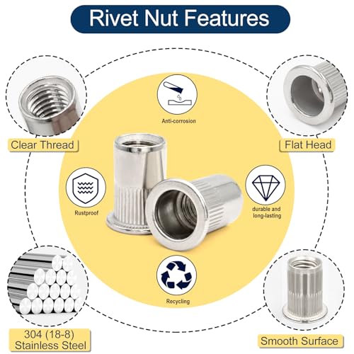 Image of Metric 304 Stainless Steel Rivet Nut Assortment Kit(218 Pcs),M3 M4 M5 M6 M8 M10 Flat Head Rivnut Set,Rivnut Threaded Insert Nut