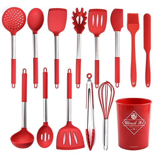 A-XINTONG 14 Pack Silicone Cooking Utensils Set Stainless Steel Handle Silica Gel Non-stick Spatula Shovel Tool Kitchenware Non-stick Pan Shovel Spoon Cooking Tools Utensils Set for Cookware, Red