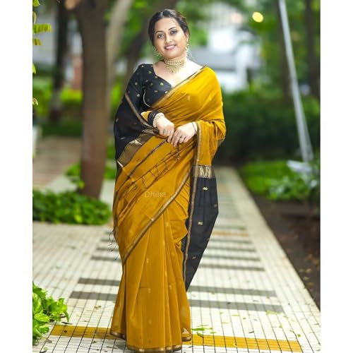 Image of Original Maheswari Cotton Silk Saree for Women | Kanjivaram Pure Silk Cotton Sari with Blouse | Zari Work | Tassels | Handloom Weave