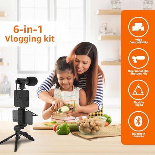 Image of Vlogging Kit 6 in 1 for iPhone, Android (with Tripod), Mini LED + Cardioid Microphone + Phone Clip + Tripod for Live Broadcasting, Video Calling, Vlogging, YouTube, Instagram (T-6.1)