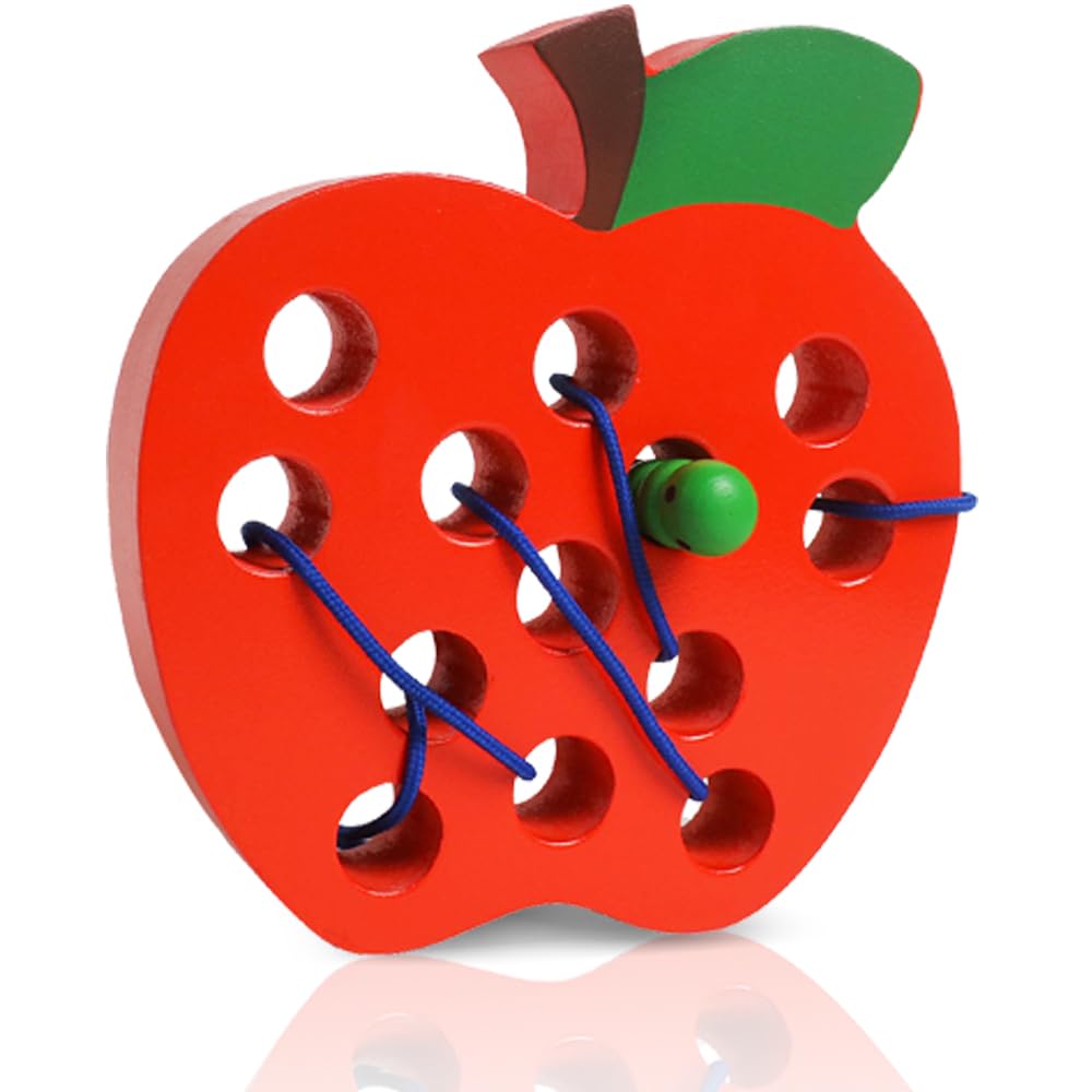 Lacing Toys for Toddlers,Wooden Threading Apple Baby Travel Toys,Montessori Education Sensory Learning Fine Motor Skills, Wooden Block Puzzle Gifts for 3 Year Old Baby Kids Boys Girls