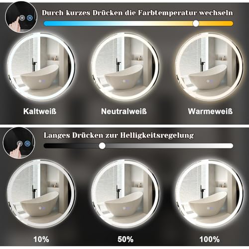 Mursche Rund Badspiegel Mit Beleuchtung - LED Bad Wand Spiegel Badezimmer Wandspiegel Mit Licht, IP44 50 cm Runder Badezimmerspiegel Bathroom Mirror Mit Beleuchtet und Entfogger-Funktion 2