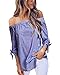 StyleDome Women Striped Off The Shoulder Elegant Shirts 3/4 Sleeve Blouse Tie Cuff Irregular Hem Sexy Tee Tops Dark Blue S