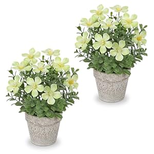 Artificial Flower in Rustic Pot Yellow Fake Cherry Blossom with Leaves Potted Plant Farmhouse Spring Decor for Home Living Room Shelf Decor Enterway Table Decoration 2 Pack