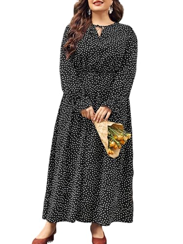 LIAMERHE Damen Übergröße Winterkleid Rundhalsausschnitt Langarm A-Linie Große Größen Casual Kleid für Mollige Frauen Freizeitkleid Polka Dot...