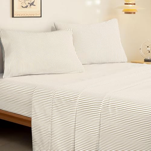 Image of Wake In Cloud - Striped Bed Sheets, 4-Piece Sheet Set, Ticking Vertical Pin Stripe Modern Farmhouse Pattern Printed Bedding, Deep Pocket, Light Brown White, Twin Size