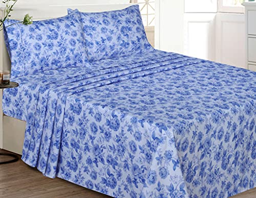 Ruvanti Queen Sheets - Silky Soft Queen Sheet Set - 4 Pieces Luxury Breathable Sheets For Queen Size Bed - All Seasons Cozy & Comfy 15 Inch Deep Pocket Snug Fit Hotel Bed Sheets - Blue Floral #TOP1