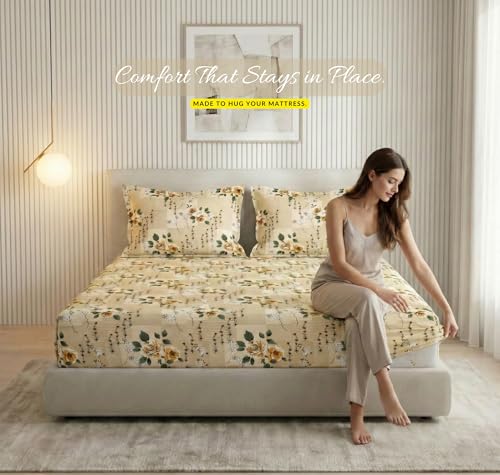 Image of VAS COLLECTIONS 300 TC Premium Cotton Fitted Bedsheet Set Double Bed 78x72+10 Inch | Soft Breathable Sheet with 2 Pillow Covers | Luxury Printed Bedding | Elegant Durable Bed Linen (Warm Beige)