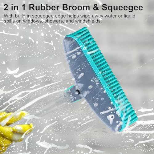 Image of 180Rotating Head Rubber Broom with Squeegee for Pet Hair Removal - 51 inch Iron Handle Fur Remover Rake Brush for Carpet, Hardwood & Tile Floors, Includes Pet Hair Removal Gloves (Blue)