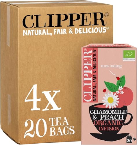 Image of Clipper Organic Chamomile and Peach Infusions Fruit Teabags, 80 Infusions Tea Bags (4x Boxes of 20), Caffeine-Free Herbal Tea, Natural, Unbleached, Plant Based