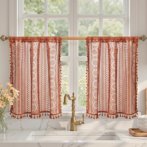 Image of MYSKY HOME Lace Tier Curtains 30 Inch Length 2 Panels Kitchen Cafe Sheer Short Boho Half Country Rod Pocket Curtains for Small Windows Basement Bathroom, 34 inch Wide Each Panel, Terracotta