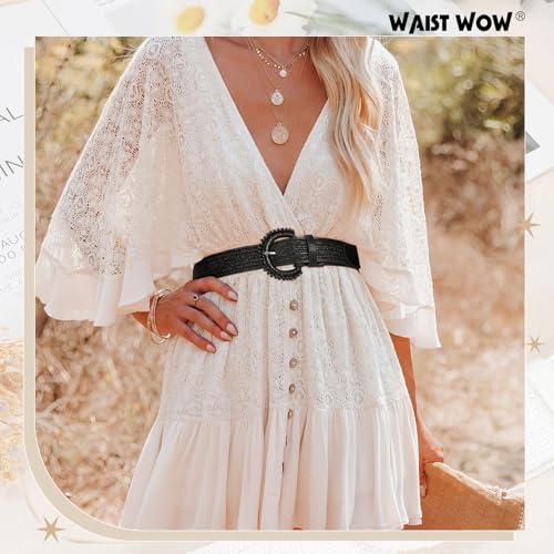 Image of Straw Woven Elastic Belt for Women Stretchy Belts for Dress Fashion Boho Waist Belt Rattan Raffia Ladies Belts