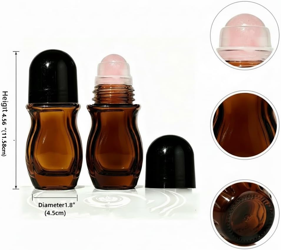 2 Pcs 50ml Glass Roll On Bottles with Jade Roller Balls Leak-Resistant Design for Essential Oils, Perfume & DIY Deodorant Refillable, Includes Funnel & Opener (Oval) (50ML Pink amber bottle)