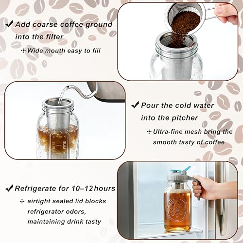 Image of Mason Jar Cold Brew Coffee Maker 64 OZ ( 2 Quart ) Wide Mouth Cold Brew Pitcher With Brew Filter For Coffee, Iced Tea, Sun Tea, Lemonade