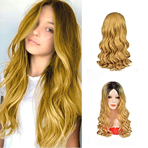 huadao Long Wavy Synthetic Wigs Ombre Blonde With Black Dark Roots Long Wavy Pastel Wigs 24 Inch Wigs with Adjustable Head Net Middle Part Natural Looking Hair Wigs for Women Cosplay Wigs