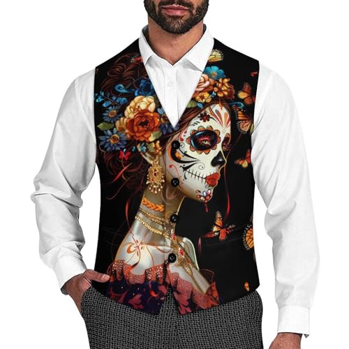 Day of The Dead Skull Woman Monarch Butterfly Men's Suit Vests Business Formal Dress V-Neck Waistcoat Tops with 2 Pockets
