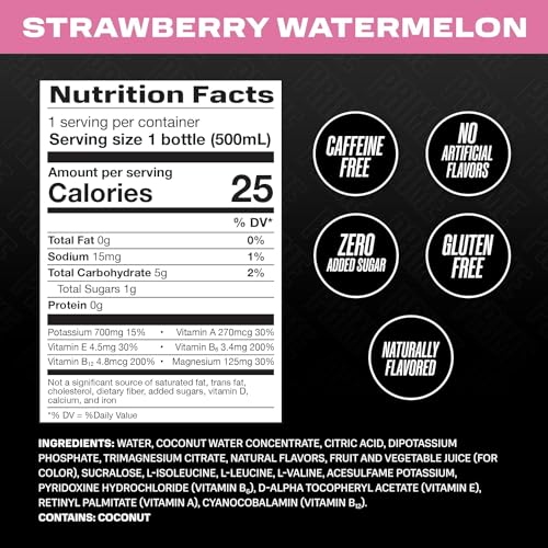 Image of Prime Hydrating Sports Drink Strawberry Watermelon Flavour 500ml - Electrolytes, Zero Sugar, Low Calorie, Coconut Water, BCAAs, Vitamins, Antioxidants, Caffeine-Free