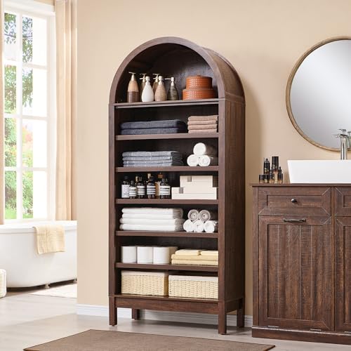 Image of IFBUY 71 inch Tall Arched Bathroom Storage Cabinet, 7-Tier Modern Farmhouse Storage Cabinet with Adjustable Shelves, Wood Freestanding Cabinet for Bathroom, Living Room, Entryway, Hallway-Brown