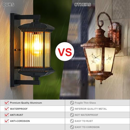 Outdoor Wall Lights, Square Waterproof Outside Light Fixtures for House Porch Yard Doorway Garage Patio, Black Aluminum Sconce Lighting, Exterior Lantern, 2-Pack