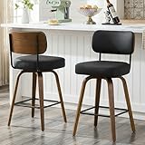 Arvasslia Swivel Bar Stools Set of 2, 26' Upholstered Counter Height Bar Stools with Back and Walnut Wood Legs, Faux Leather Barstools for Kitchen Counter, Black