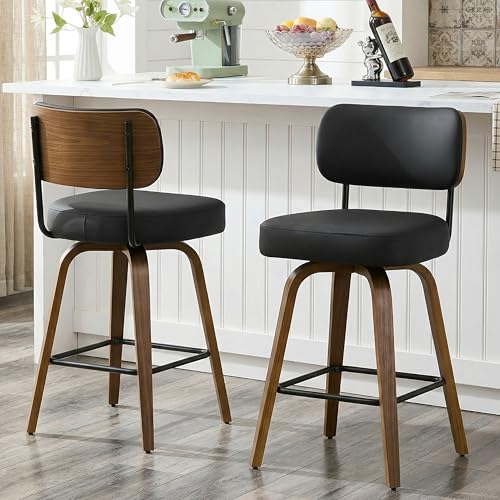 Image of Swivel Bar Stools Set of 4, 26 inch Upholstered Counter Height Bar Stools with Back and Walnut Wood Legs, Faux Leather Barstools for Kitchen Counter, Black