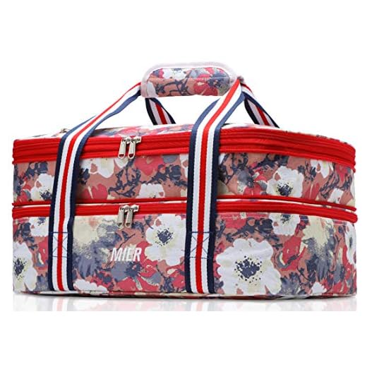 MIER Insulated Double Casserole Carrier Thermal Lunch Tote for Potluck Parties, Picnic, Beach, Fits 9 x 13 Inches Casserole Dish, Expandable, Anemone