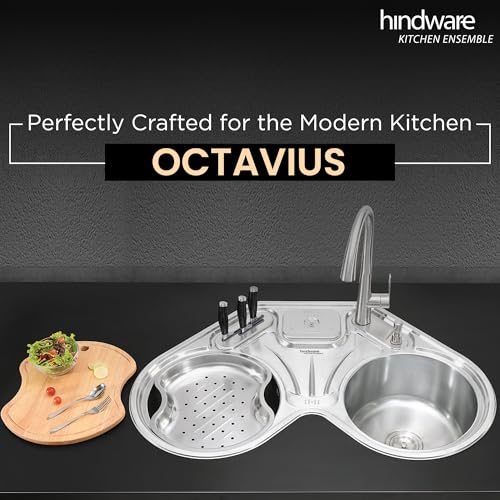 Image of Hindware Kitchen Sink 35 inchx35 inchx9 inch | 304 Grade Stainless Steel | Handmade Single Bowl Sink with Accessories includes- Soap Dispanser, Pullout Faucet, Bottle Trap Connector & Chopping Board (Octavius)