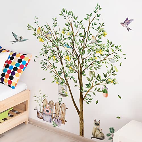 Tropical Plants Large Tree Wall Stickers With Flying Birds, Removable Pastoral Style Fruit Tree Birdcage Hanging Basket Decals Decor, Diy Art Murals For Nursery Bedroom Living Room Decoration #TOP6