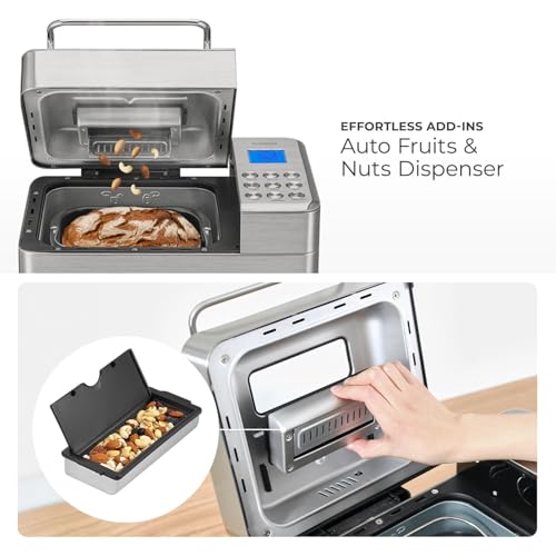 CUCKOO Bread Maker Machine with 15 Menu Options + 3 Crust Colors, 2 lbs Bread Machine with Automatic Fruit & Nut Dispenser, Includes 6 Accessories, Ideal Breadmaker for Sourdough (CBM-AAB101S)