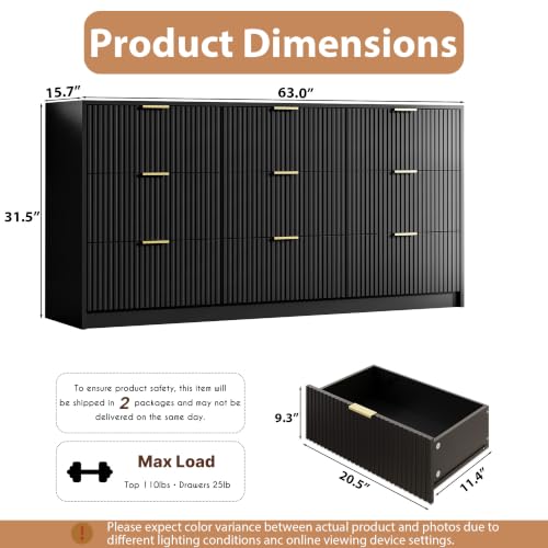 Image of MAISONARIA 63 inch Wide Fluted 9-Drawer Dresser for Bedroom, Black
