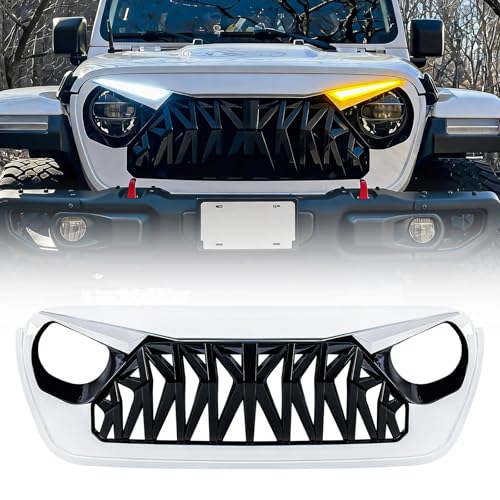 Allinoneparts Front Shark Grille Compatible with 2018-2025 Jeep Wrangler JL JLU Gladiator JT w/DRL Turn Signal Lights White Black