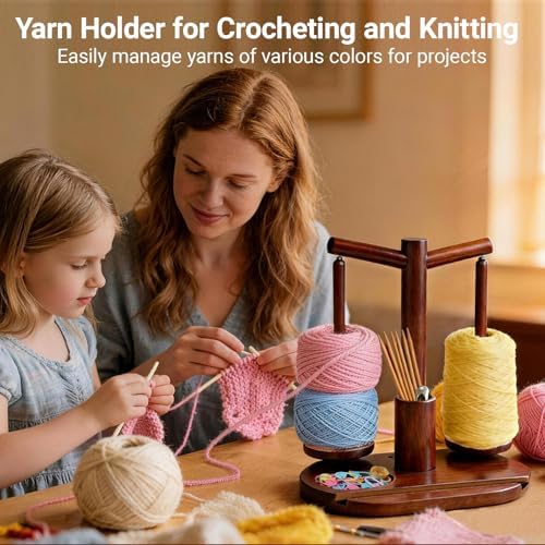 Lemosyu Wooden Yarn Holder for Crocheting and Knitting, Magnetic Rotating Yarn Spinner with 2 Spindles, Crochet Accessories Storage & Phone Stand, Perfect Gift for Knitters, Women, Mom, Grandma — view 2