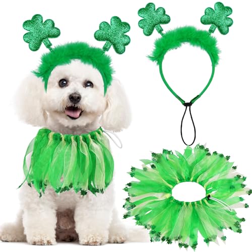 Dog St. Patrick’s Day Outfit, St Patricks Day Dog Costume Clothes Green Glitter Shamrock Dog Headband Dog Collar with Shamrock Ribbons Holiday Costumes for Small Medium Large Dogs