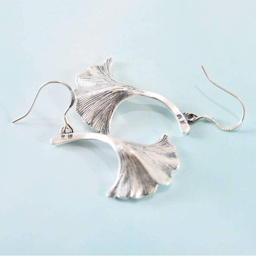 Ears990 Sterling Silver Vintage Thai Silver Do Old Personality Fan-Shaped Ginkgo Leaf Earrings Female Earrings/Silver