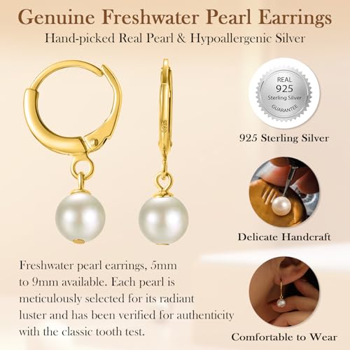 Image of Freshwater Pearl Stud Earrings for Women - Hypoallergenic 925 Silver Plated With 14k Gold Genuine Round White Pearls Elegant Gift for Her