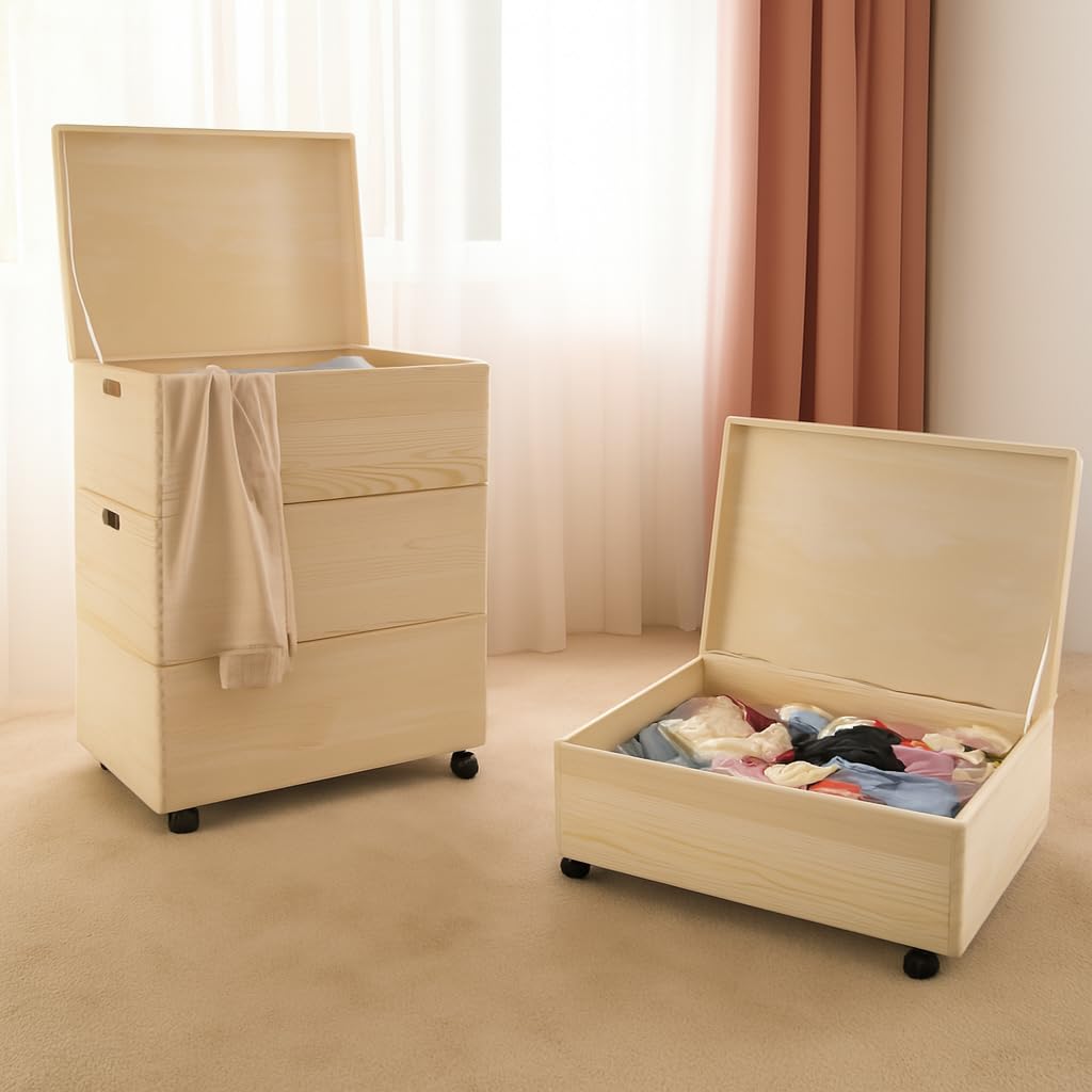 Holzkiste TRIO GR Stapelkisten Set 59 x 40 x 60/66 cm 1 Kiste mit Deckel XL Aufbewahrungsbox (mit Rollen)