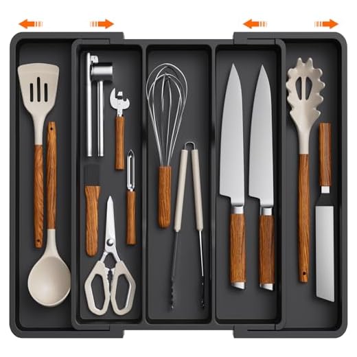 Lifewit Organizador de cajones de Utensilios, Organizador Cubiertos Grande expandible para Cocina, Soporte de Cubiertos Ajustable para Cajon, Organizador cajones Cocina, Plástico, Grande, Negro