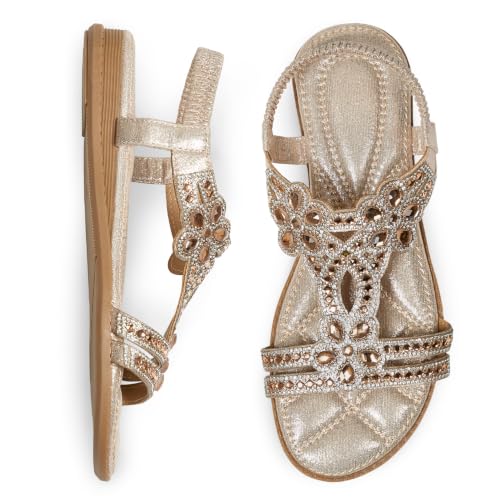 Image of iCKER Womens Rhinestone Strappy Flat Sandals Elastic Ankle Strap Open‑Toe