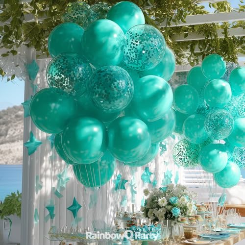 Image of Teal Latex Balloons: 55Pcs 12 inch Turquoise Confetti Party Balloons Helium Aqua Blue Latex Balloon Ribbons for Birthday Anniversary Gender Reveal Graduation Wedding Decoration