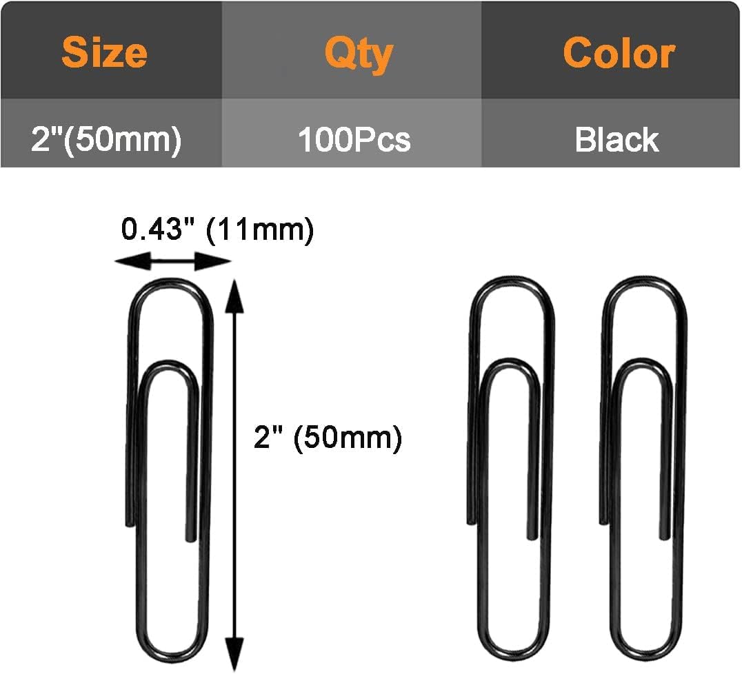 Vinaco Paper Clips Black, 100 Pack Large Paper Clips 2 Inch (50 mm), Durable & Rust Resistant, Jumbo Paperclips. Great for Office, School and Personal Use (Black)