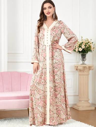 FYMNSI Abaya Dress for Women Muslim Modest Maxi Robe Floral V Neck Eid Prayer Dresses Dubai Clothing Arabian Islamic Kaftan4