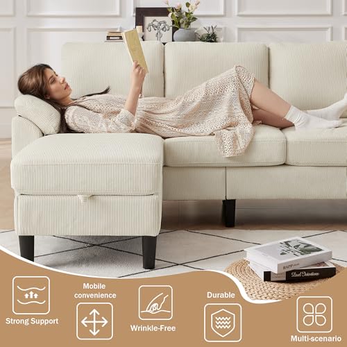 Image of 3 Pieces Corduroy Sofa Set for Living Room with Sofa, Storage Ottoman and Single Chair