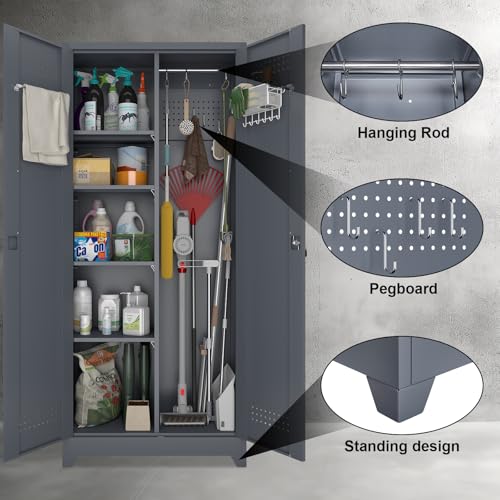 Image of Metal Tool Storage Cabinet, Broom Closet with Hooks, 72.8 inch Tall Garage Cabinet with Shelves, Heavy-Duty Cleaning Storage for Utility Room, Gym, Office, Garage
