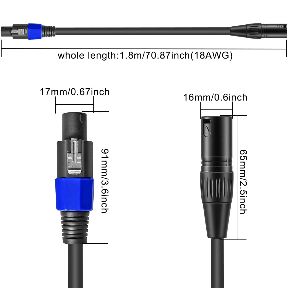 Câble pour Speakon vers XLR Câble pour Speakon mâle vers XLR mâle 3 broches Rallonge adaptateur audio 22 AWG haut-parleur pour amplificateur professionnel, DJ, sonorisation et scène
