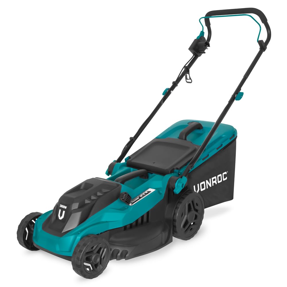 VONROC Kosiarka elektryczna1600 W – 38 cm, 5 regulowanych wysokości, kosz 42 l, mocny i cichy silnik, idealny do gęstej i ciężkiej trawy, ergonomiczny kształt i łatwe przechowywanie
