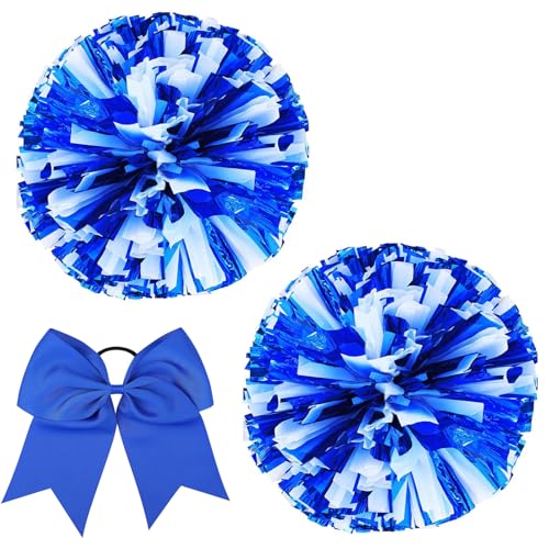 Hlonon 2Pcs Cheerleading Pom Poms Large Cheerleader Cheering Squad Pompoms with Baton Handle for Kids Adults Team Sports Spirit Party Cheer (Blue White Large)